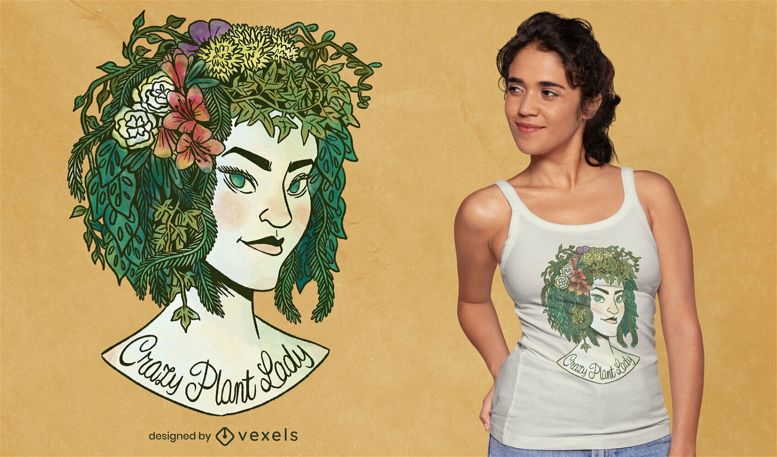 Mujer con cabello vegetal camiseta naturaleza psd