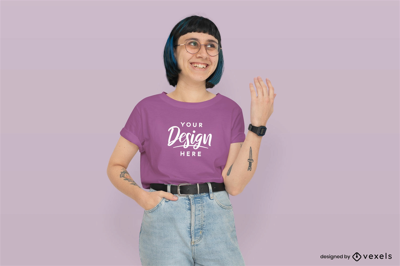 Girl with short hair and glasses t-shirt mockup