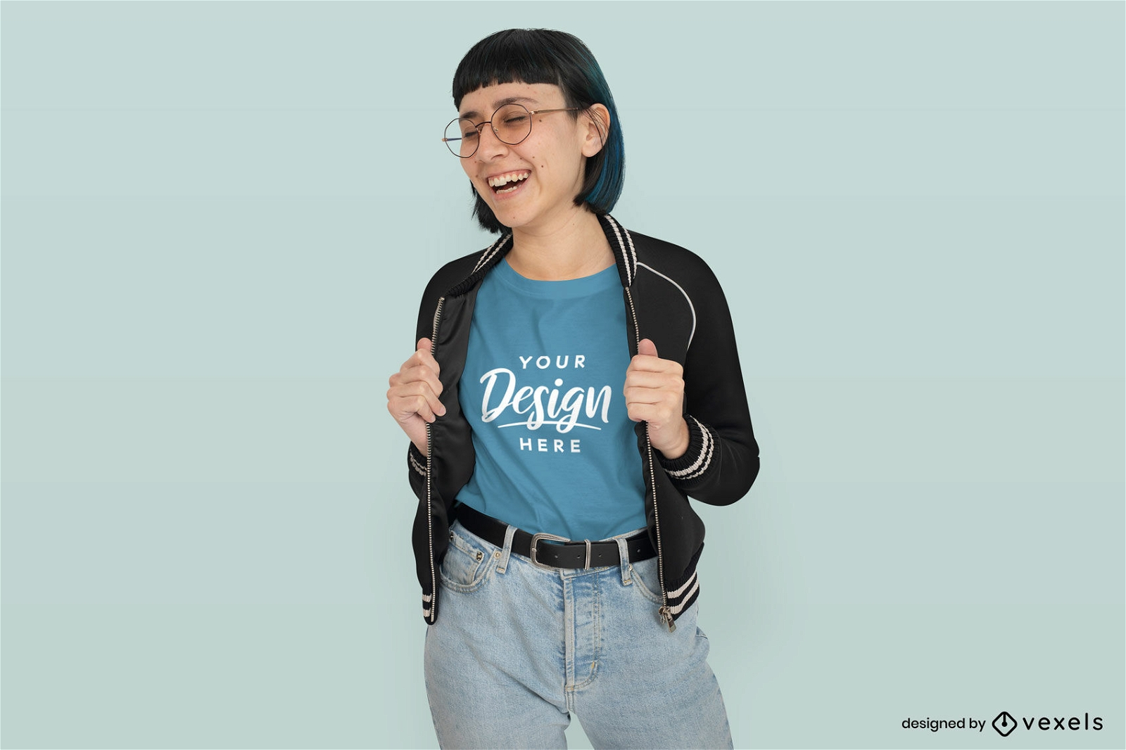 Woman with short hair and glasses t-shirt mockup