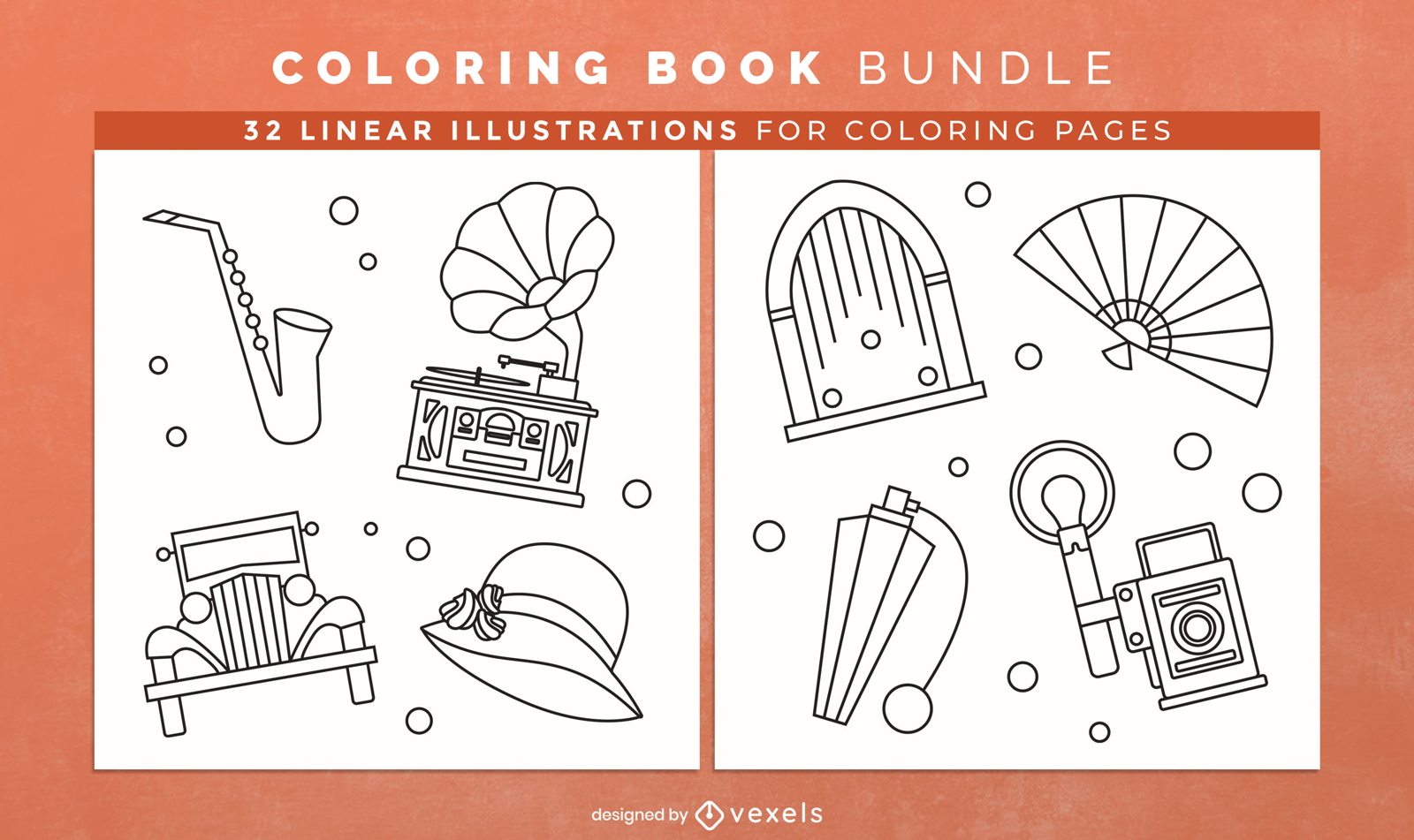 Vintage elements coloring book pages design