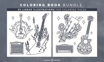 Páginas de design de livros para colorir de guitarras elétricas