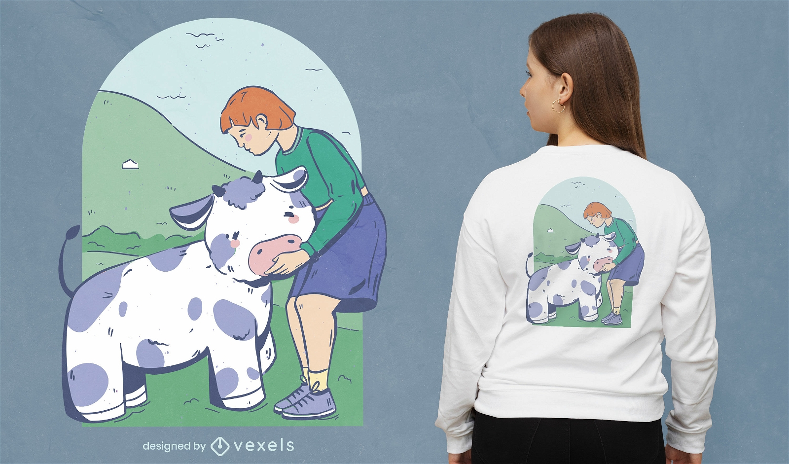 Desenho de t-shirt de vaca e rapariga fofa
