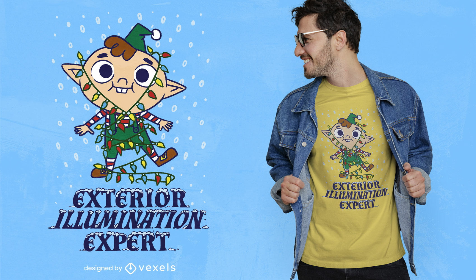 Elfo con diseño de camiseta de luces navideñas.