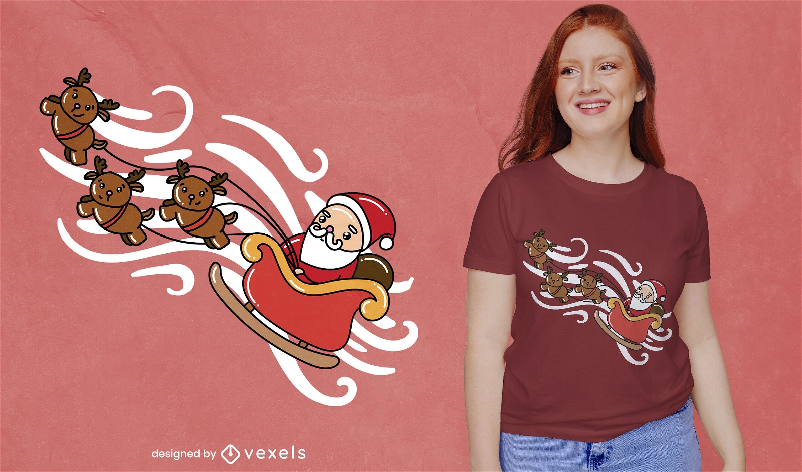 Diseño de camiseta navideña de santa y renos.