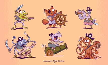Conjunto de caracteres de animales piratas de divertidos dibujos animados