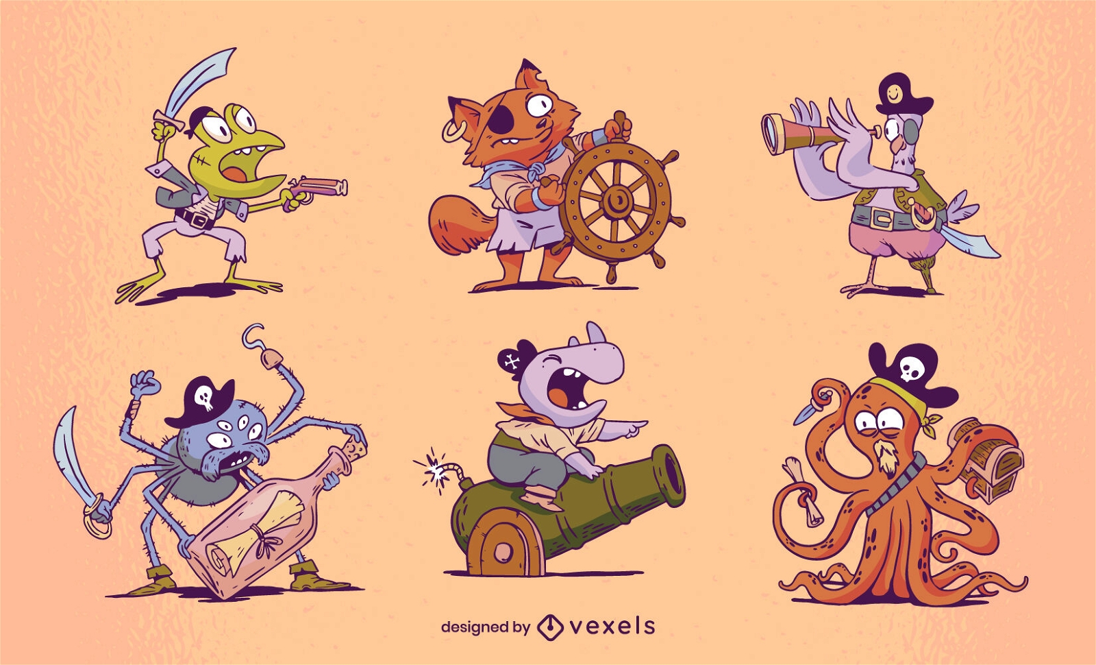 Conjunto de personagens de animais piratas de desenho animado