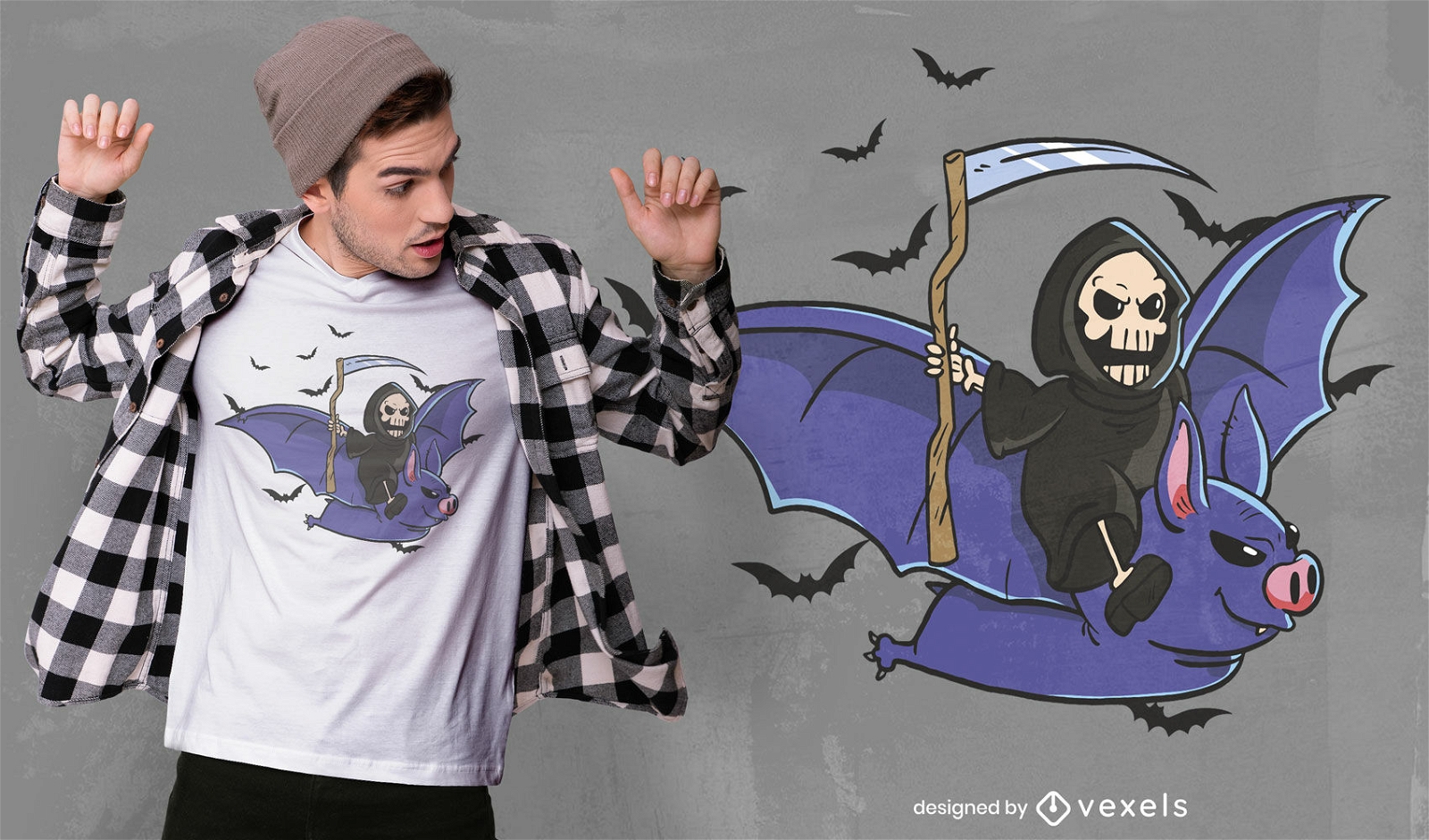 Ceifador voando com design de camiseta de morcego