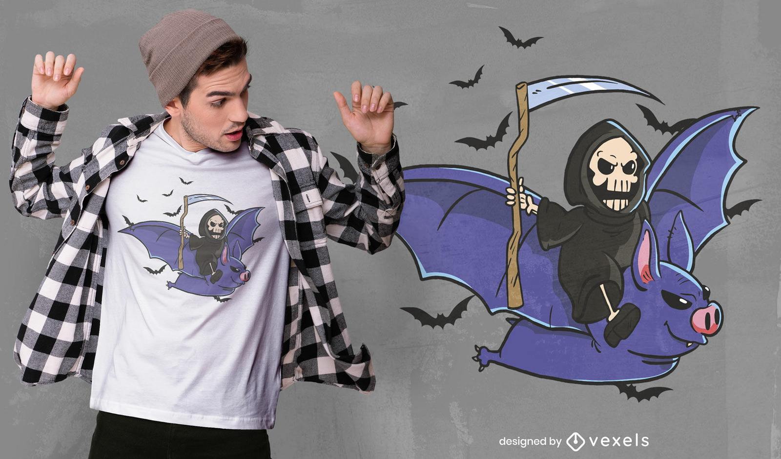 Grim reaper volando en diseño de camiseta de murciélago