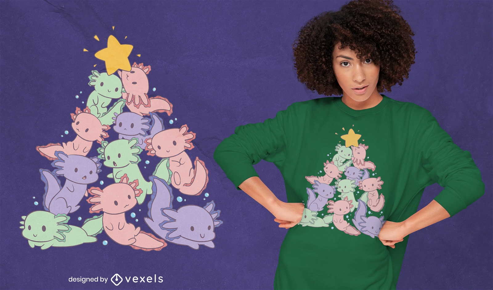 Diseño de camiseta de árbol de navidad axolotl