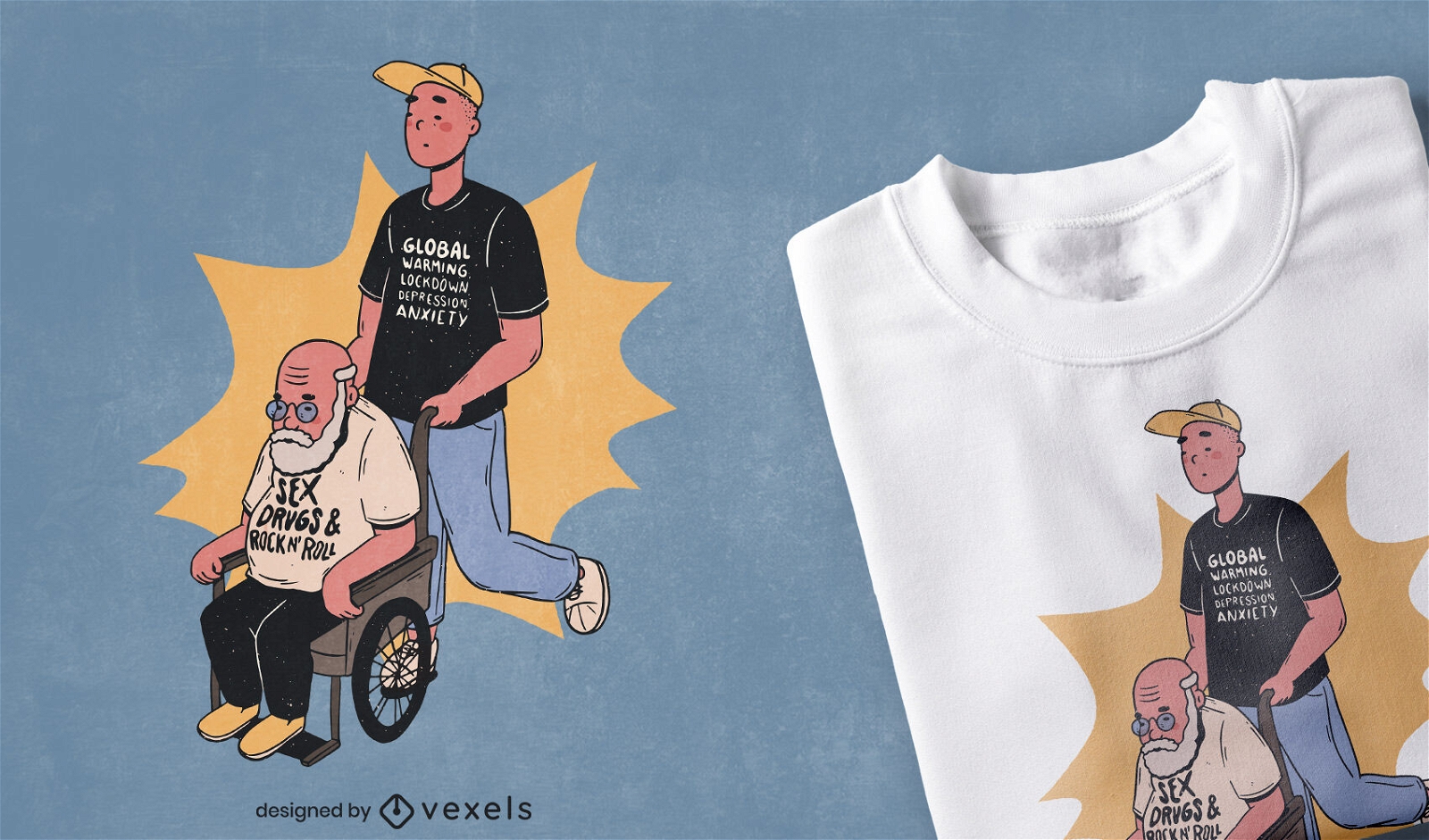 Teeanger com o velho no design de uma camiseta para cadeira de rodas