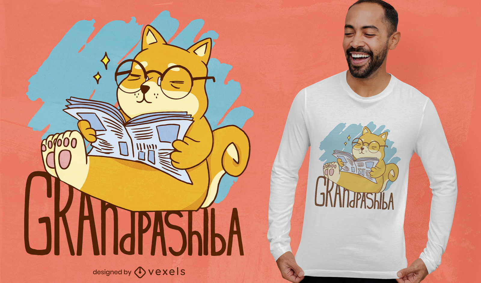 Cachorro Shiba Inu lendo design de camiseta de jornal