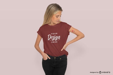 Blonde woman in jeans t-shirt mockup