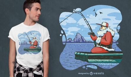 Diseño de camiseta de santa claus pescando en el lago