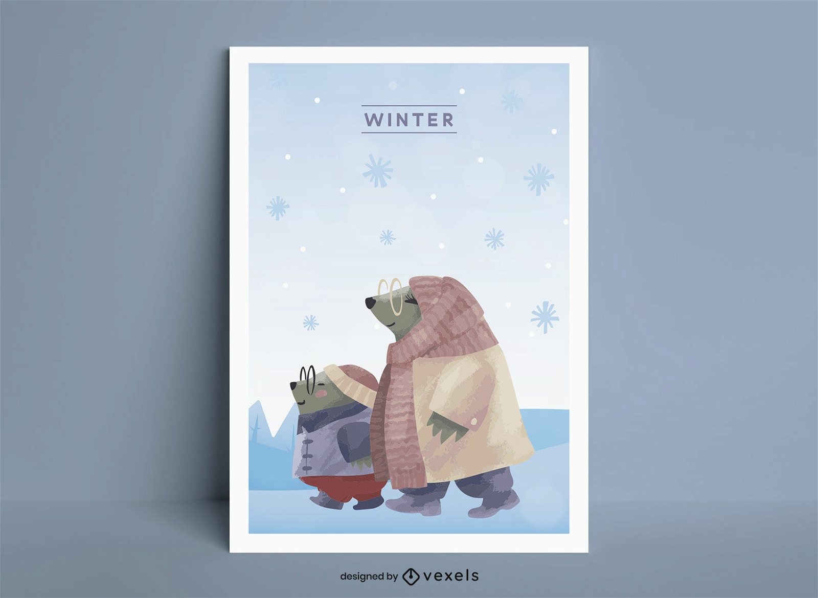 Diseño de cartel de invierno de osos animales en acuarela