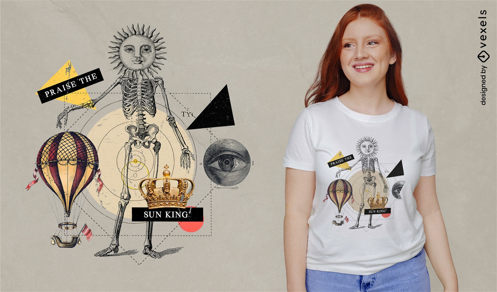 Camiseta con collage de esqueleto del rey sol psd
