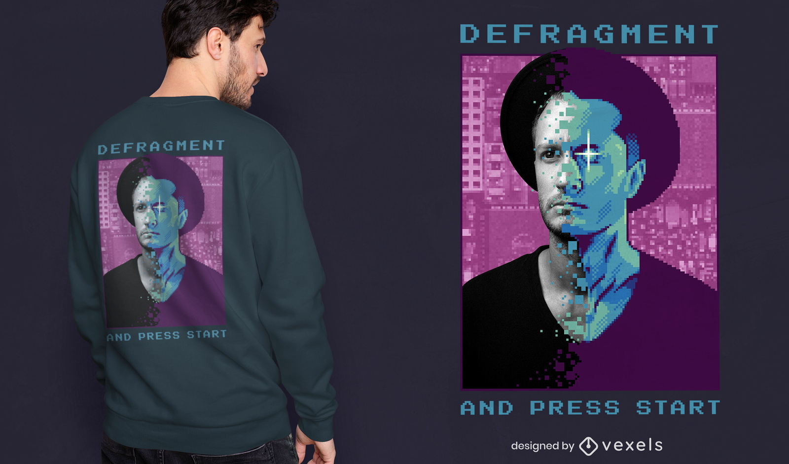 Homem com chapéu pixel art t-shirt psd