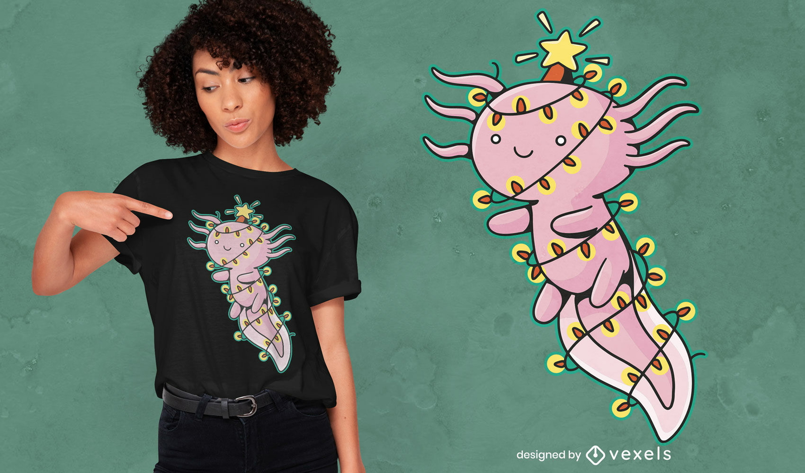 Axolotl en diseño de camiseta de luces navideñas.