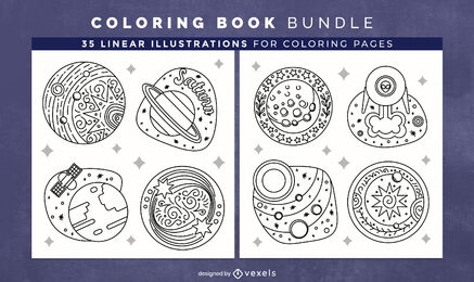 O espaço gira em torno das páginas de design de livros para colorir