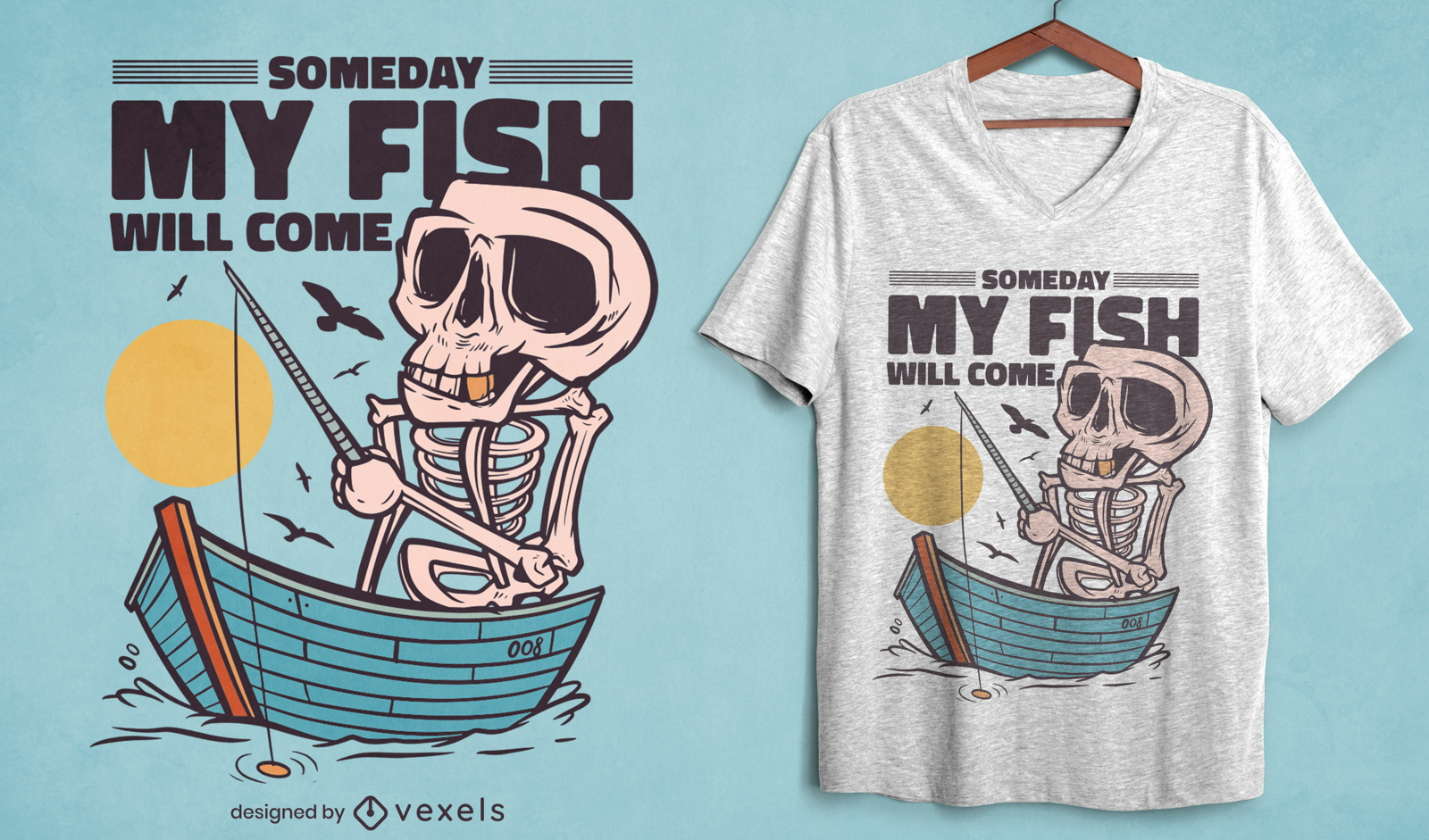 Diseño de camiseta de pesca de esqueleto en el lago