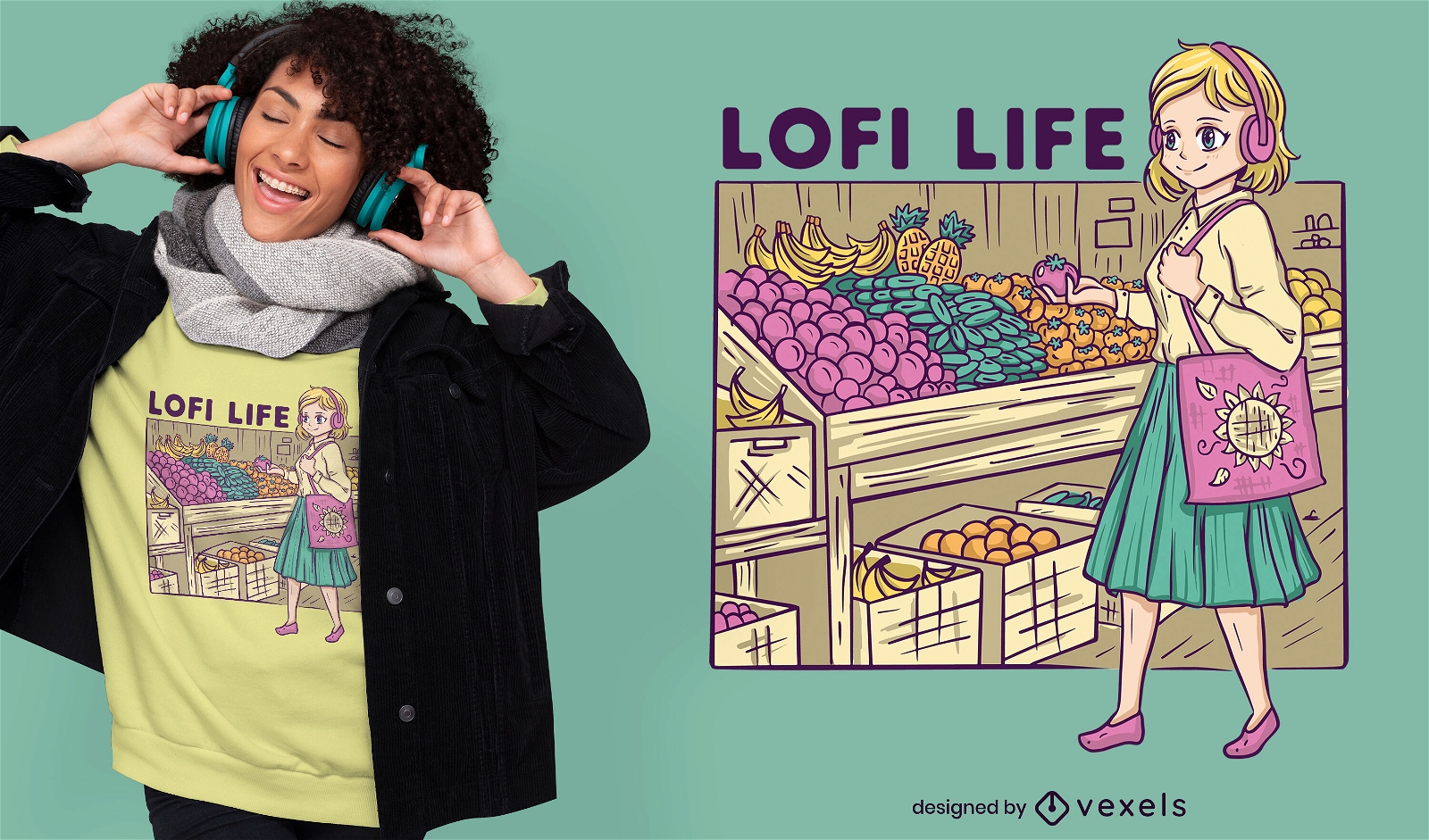 Mädchen einkaufen Obst Lofi T-Shirt Design