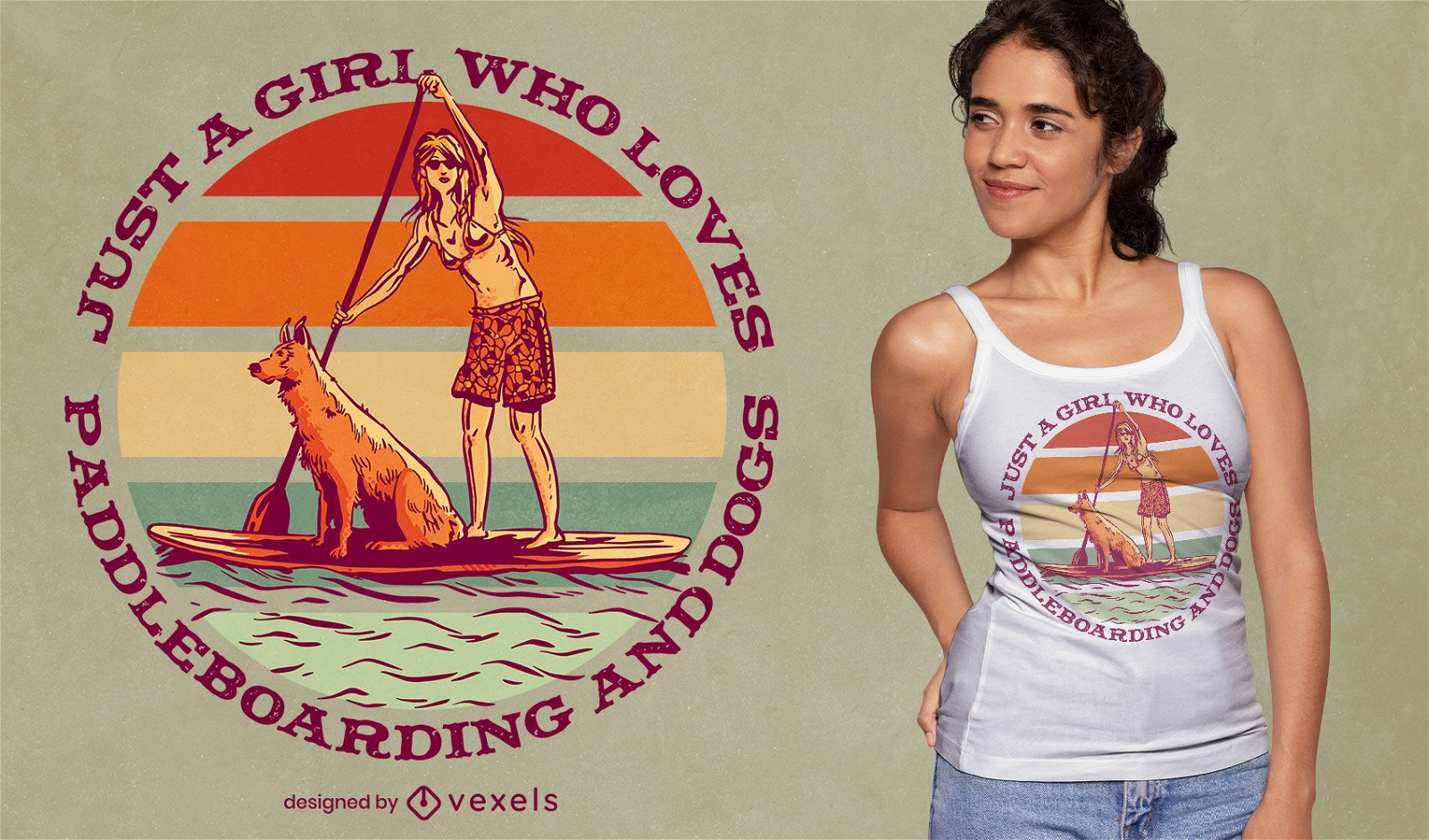 Girl and dog paddleboarding t-shirt design