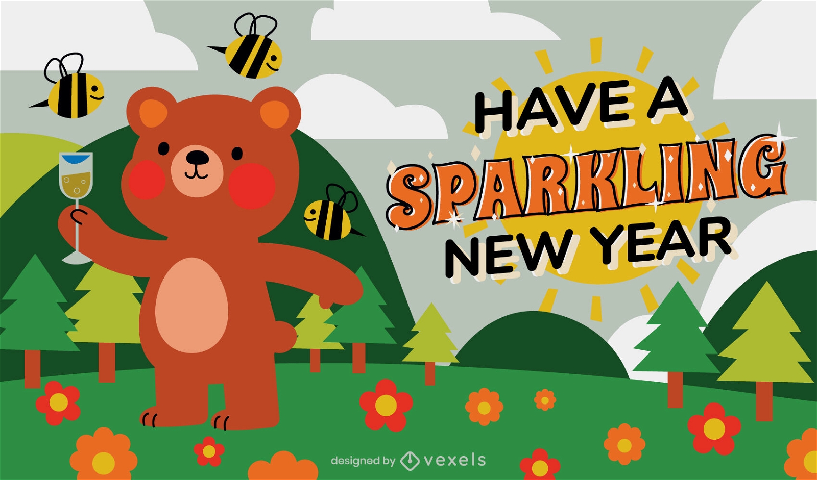 Diseño de ilustración de oso de año nuevo espumoso