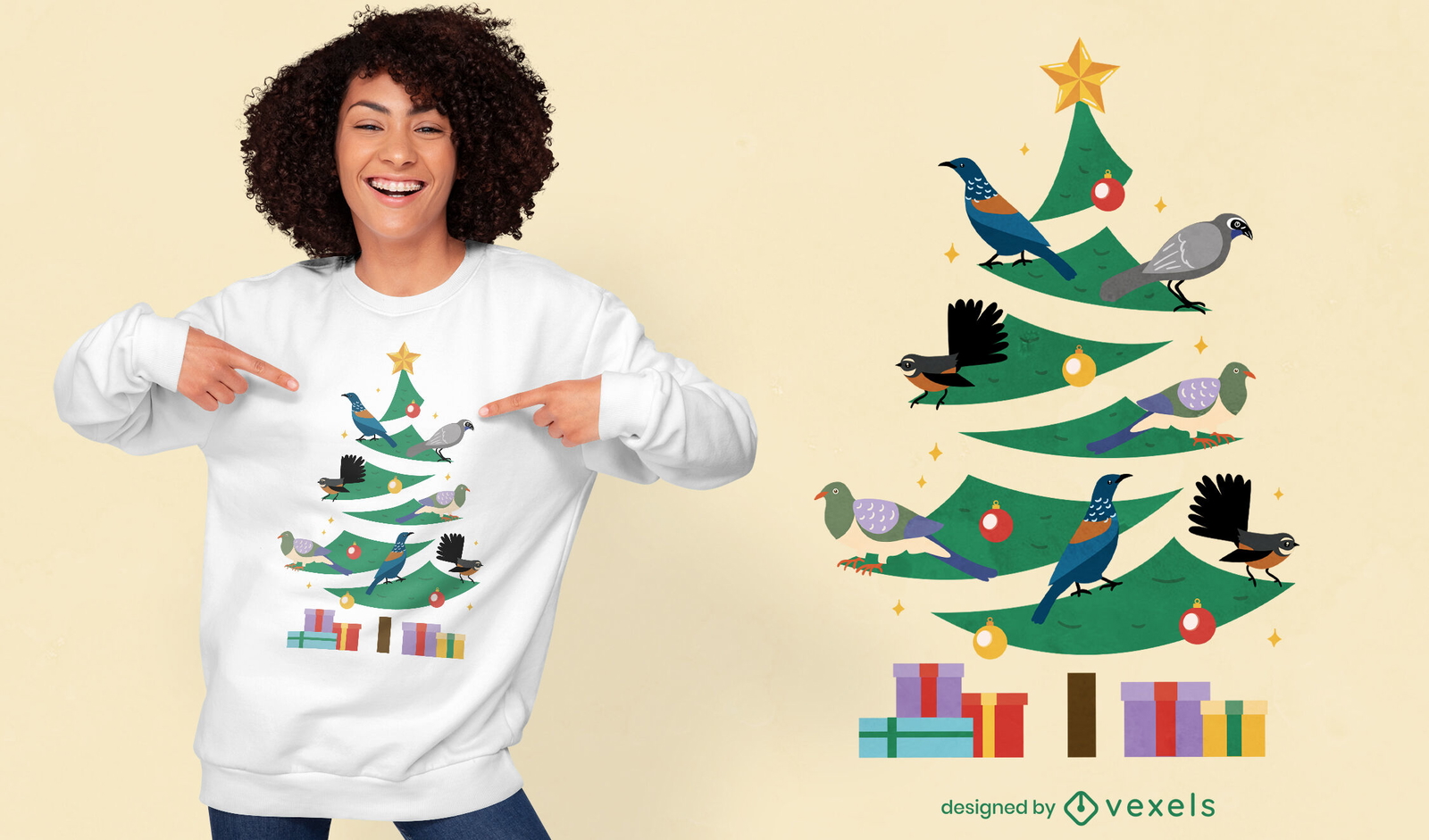 Árbol de navidad con diseño de camiseta de aves tropicales.