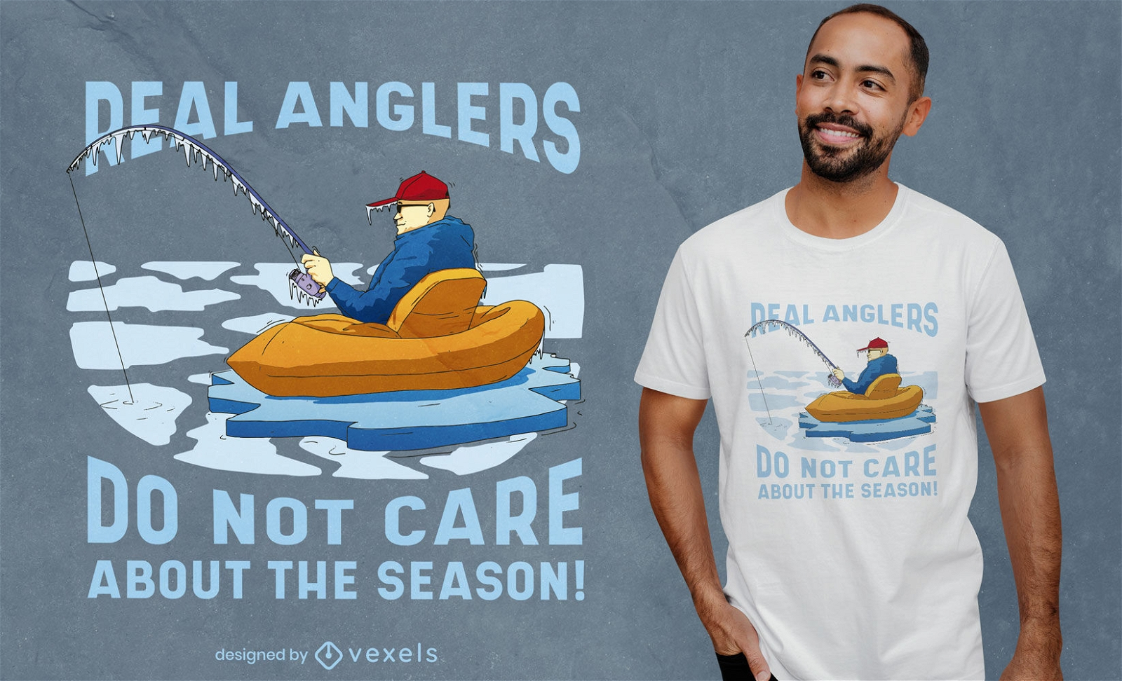 Hombre pescando en dise?o de camiseta de invierno.
