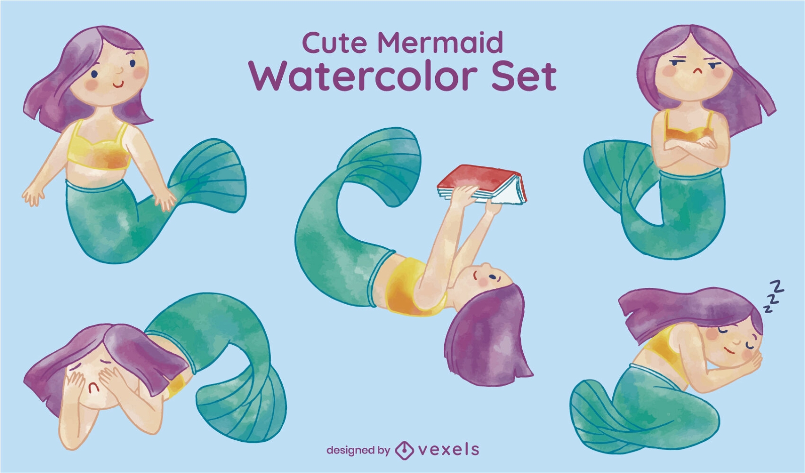 Watercolor mermaid girl character set
