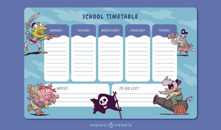Horário escolar de animais piratas de desenho animado