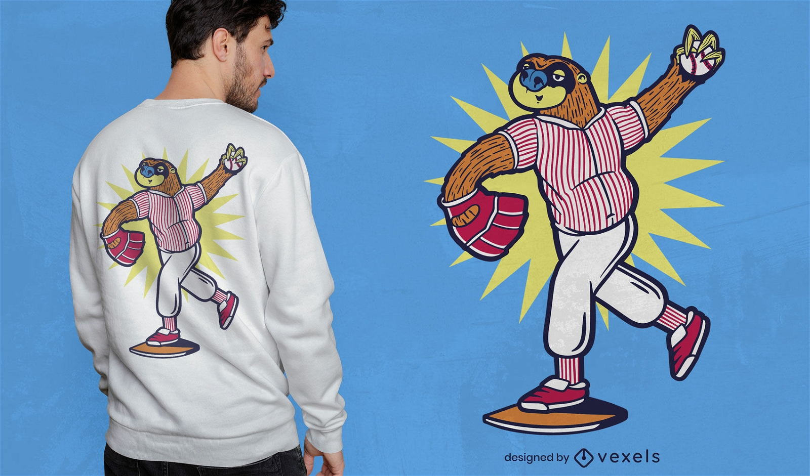 Diseño de camiseta de personaje de perezoso de béisbol.