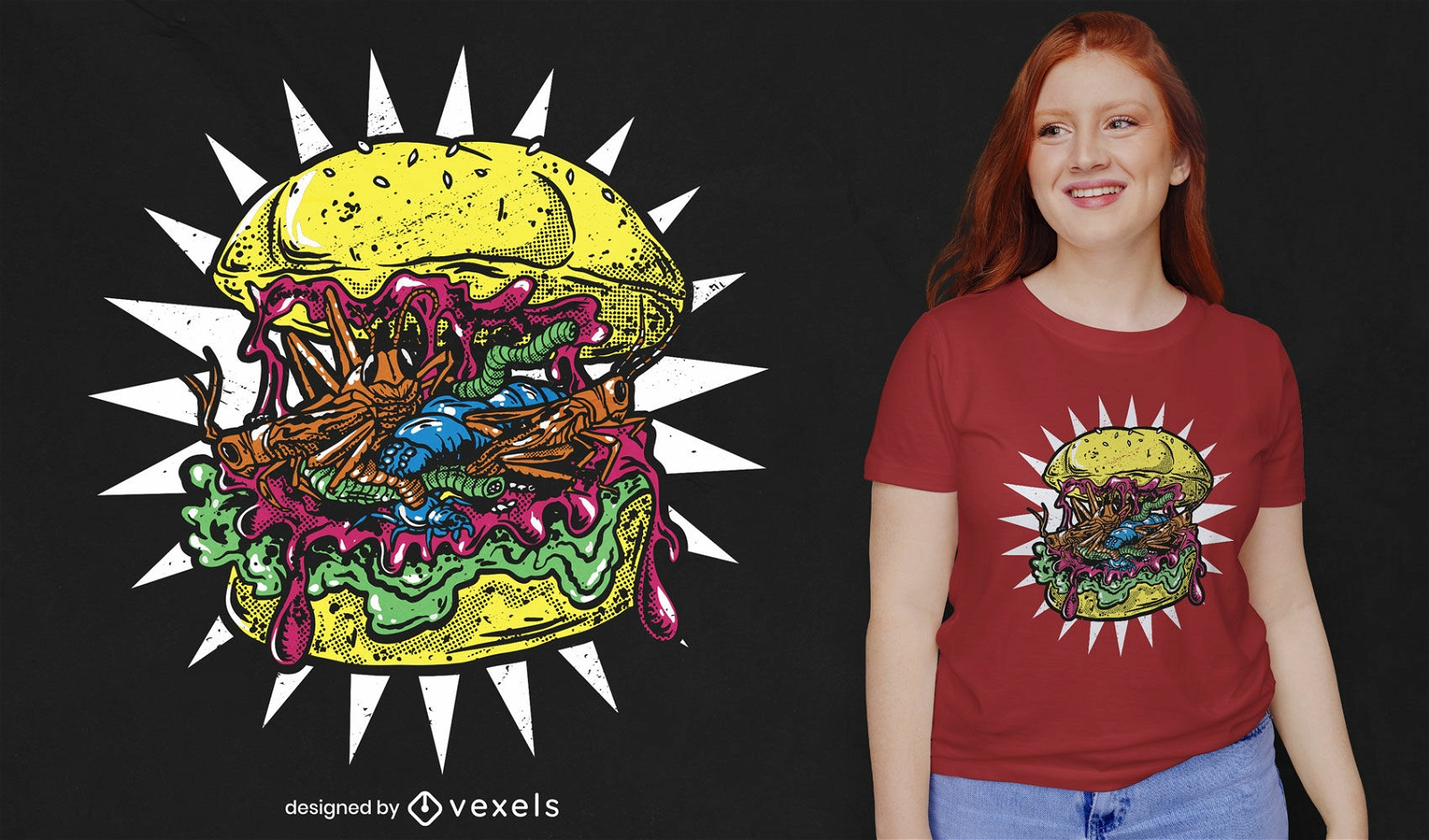 Design de camiseta de hambúrguer com inseto assustador