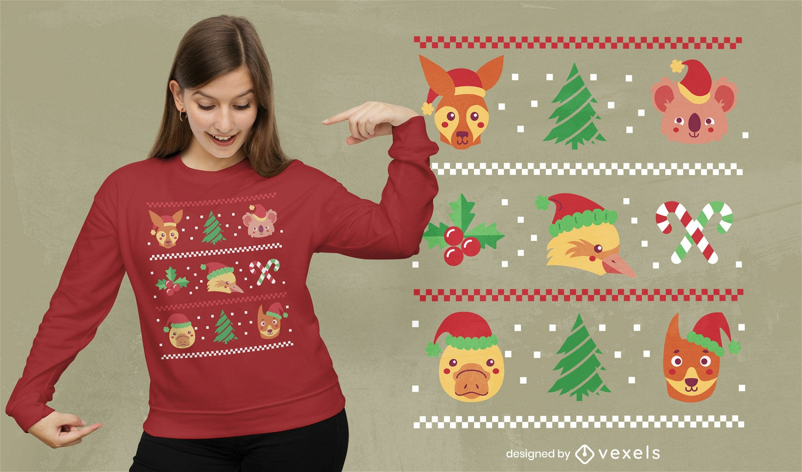 Diseño de camiseta de suéter feo de animales navideños.