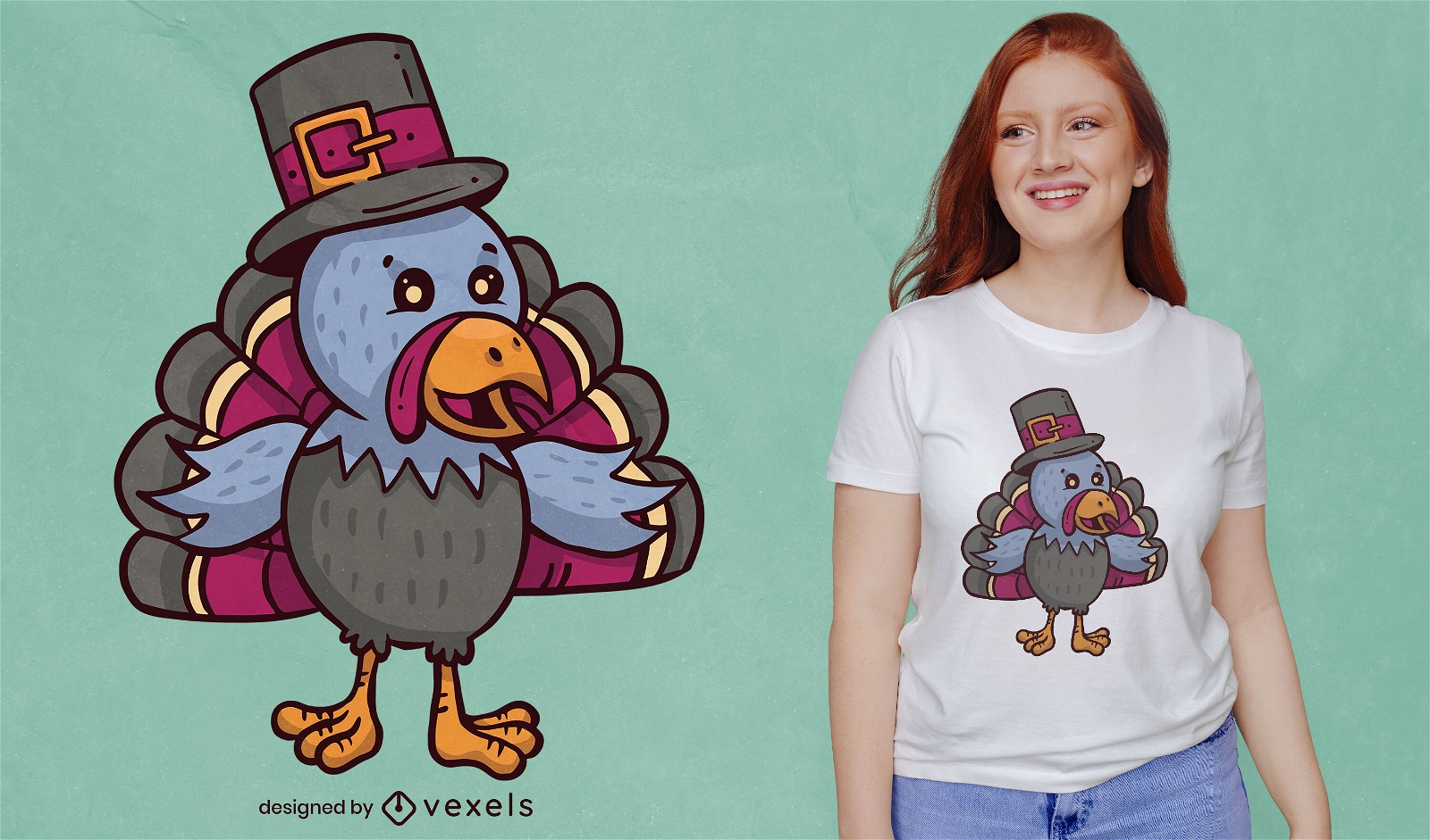 Turkey pilgrim Thanksgiving cartoon t-shirt design