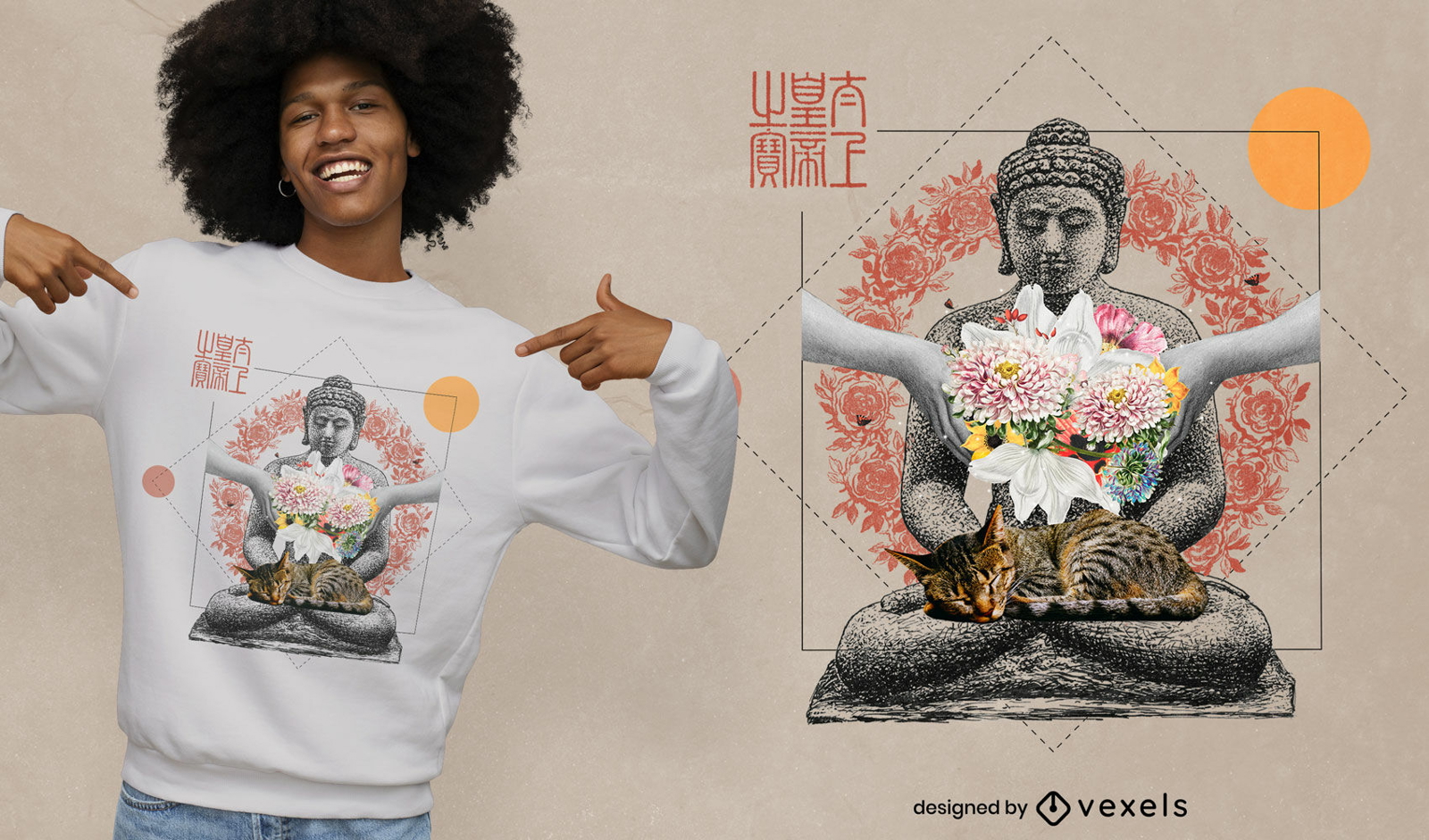 Katze schläft auf Buddha-Statue-T-Shirt psd