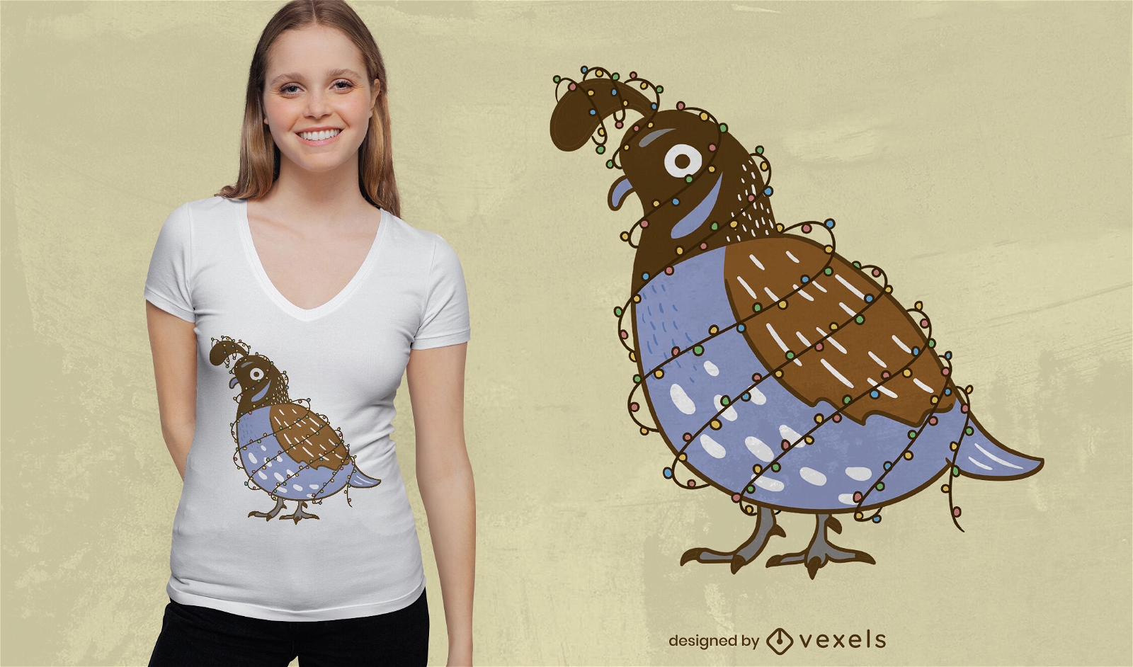 Pájaro codorniz con diseño de camiseta de luces navideñas.