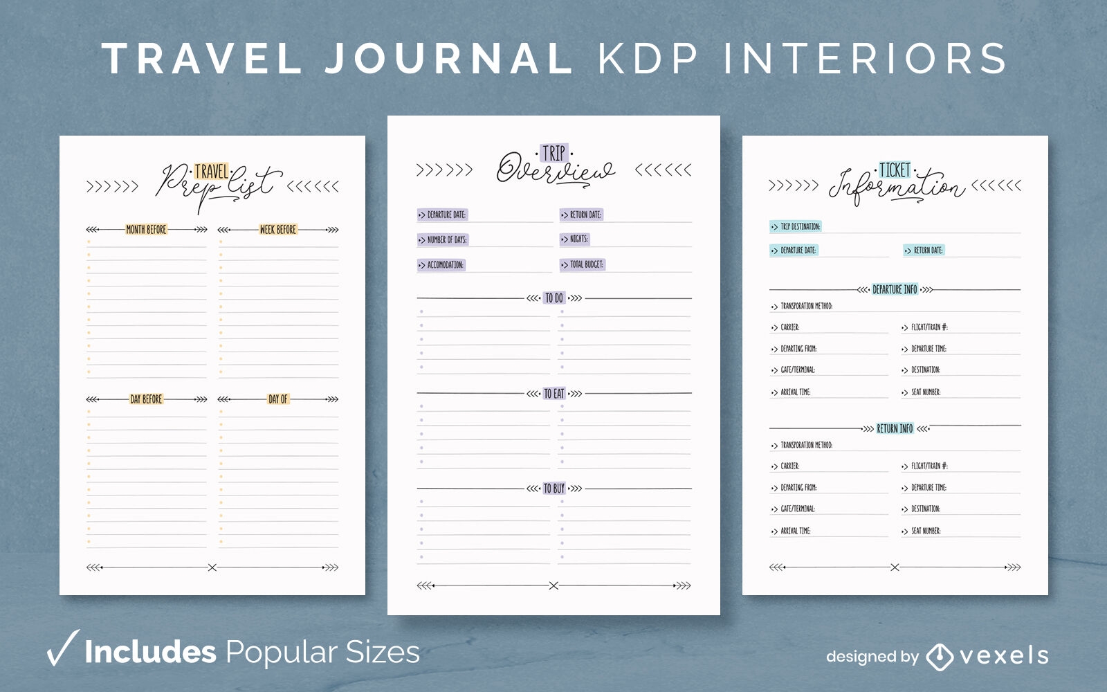 Plantilla de diario de diario de viaje KDP diseño de interiores