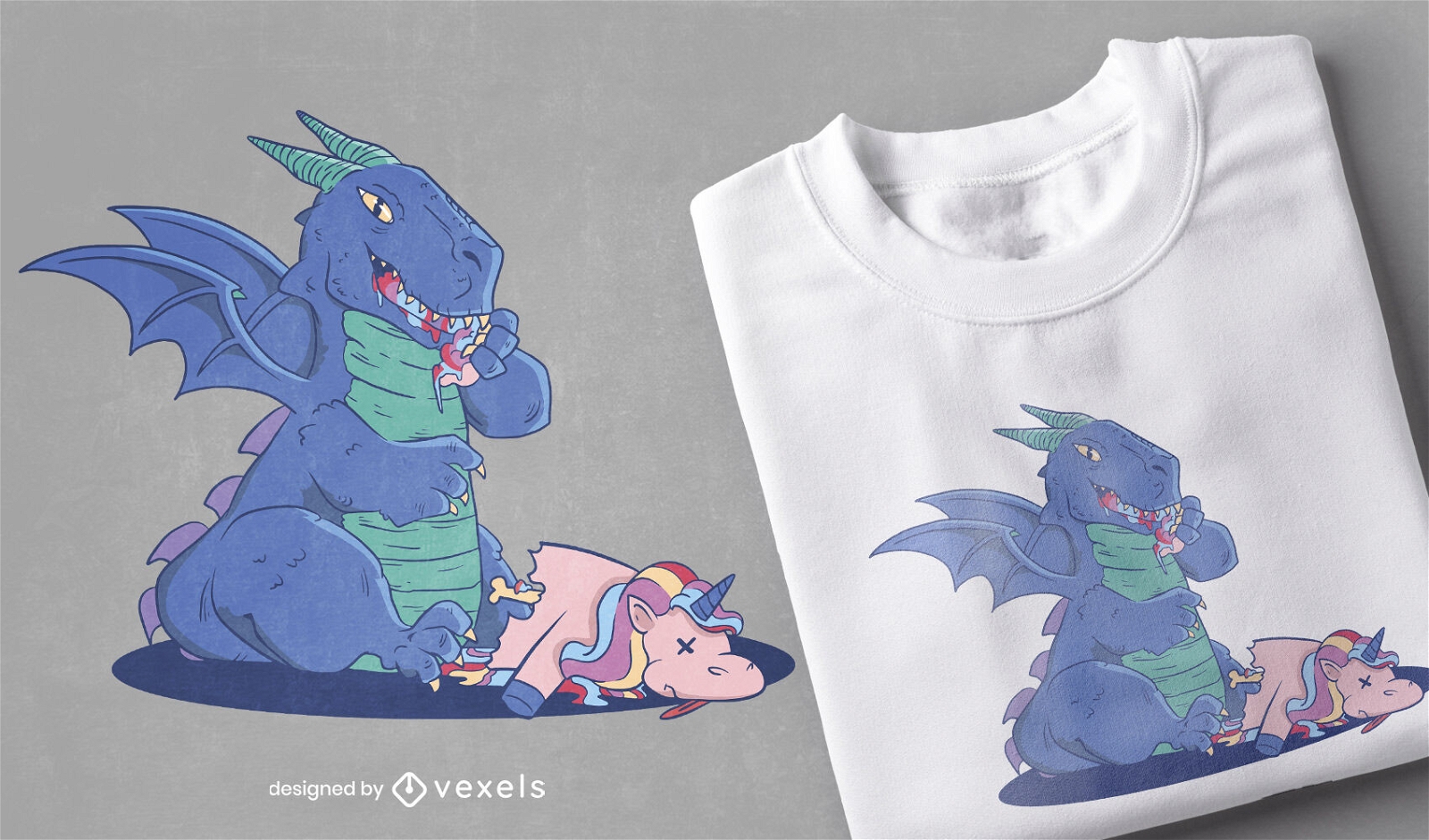 Diseño de camiseta espeluznante de dragón y unicornio.