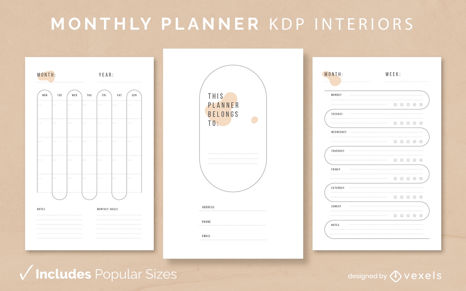 Modelo minimalista de planejador mensal KDP design de interiores