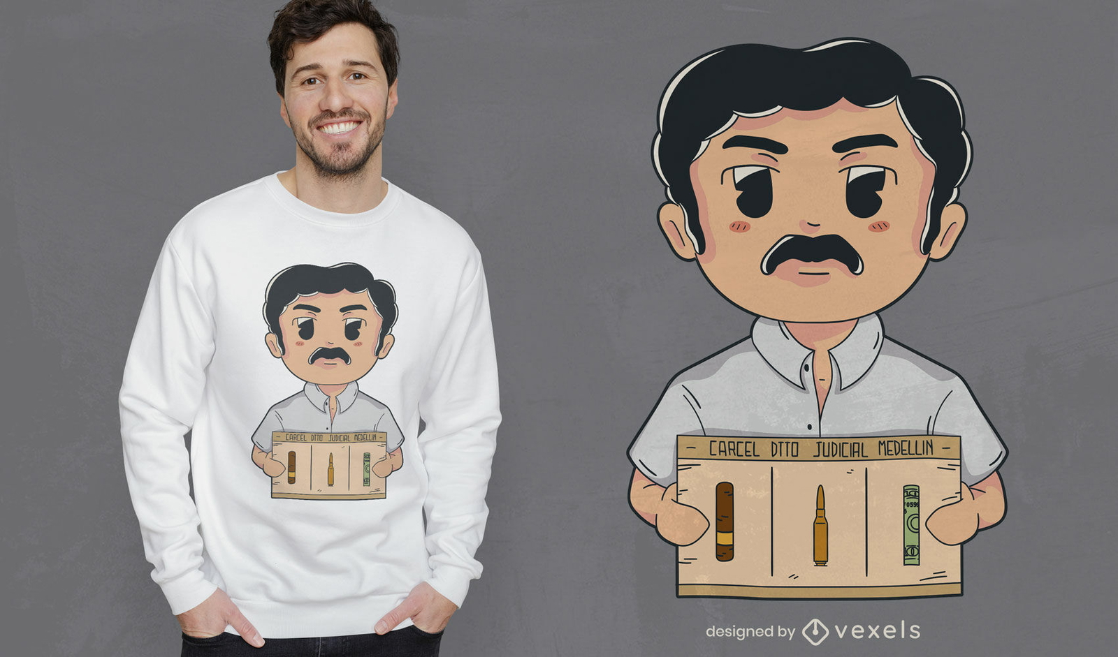 Diseño de camiseta de personaje de bigote chibi.