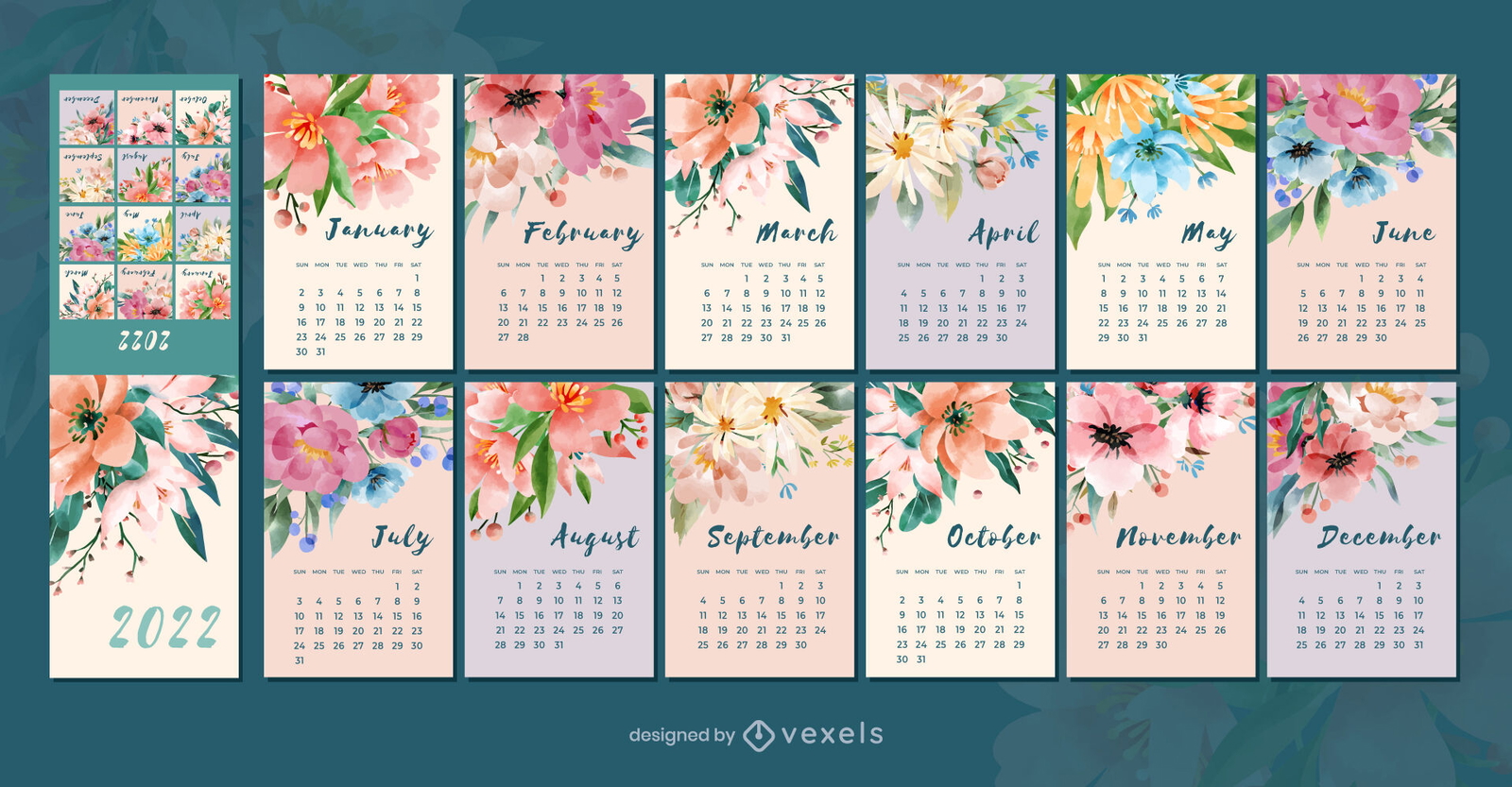 Calendário floral em aquarela de 2022