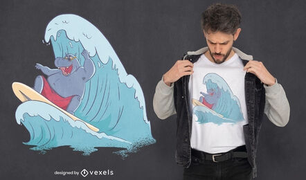 Diseño de camiseta de surf de hipopótamo.