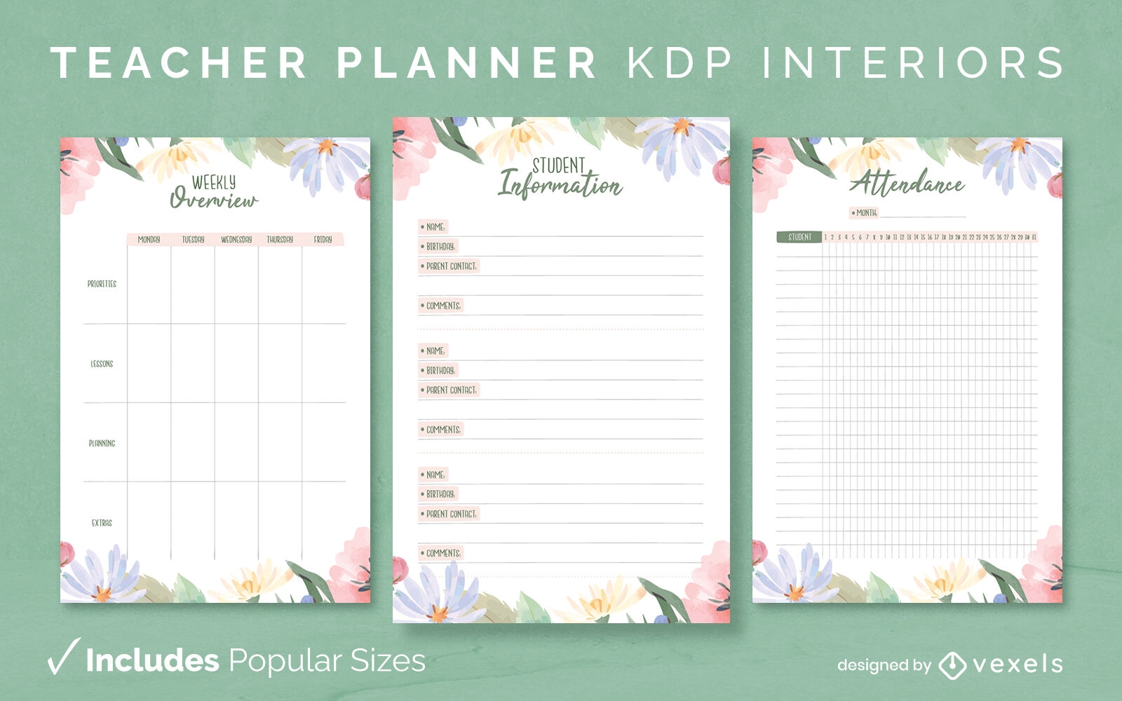 Floral teacher planner template KDP interior design
