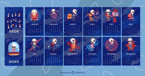 Projeto do calendário dos desenhos animados de alienígenas do espaço