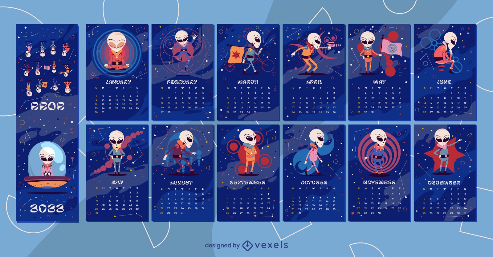 Diseño de calendario de dibujos animados de extraterrestres espaciales