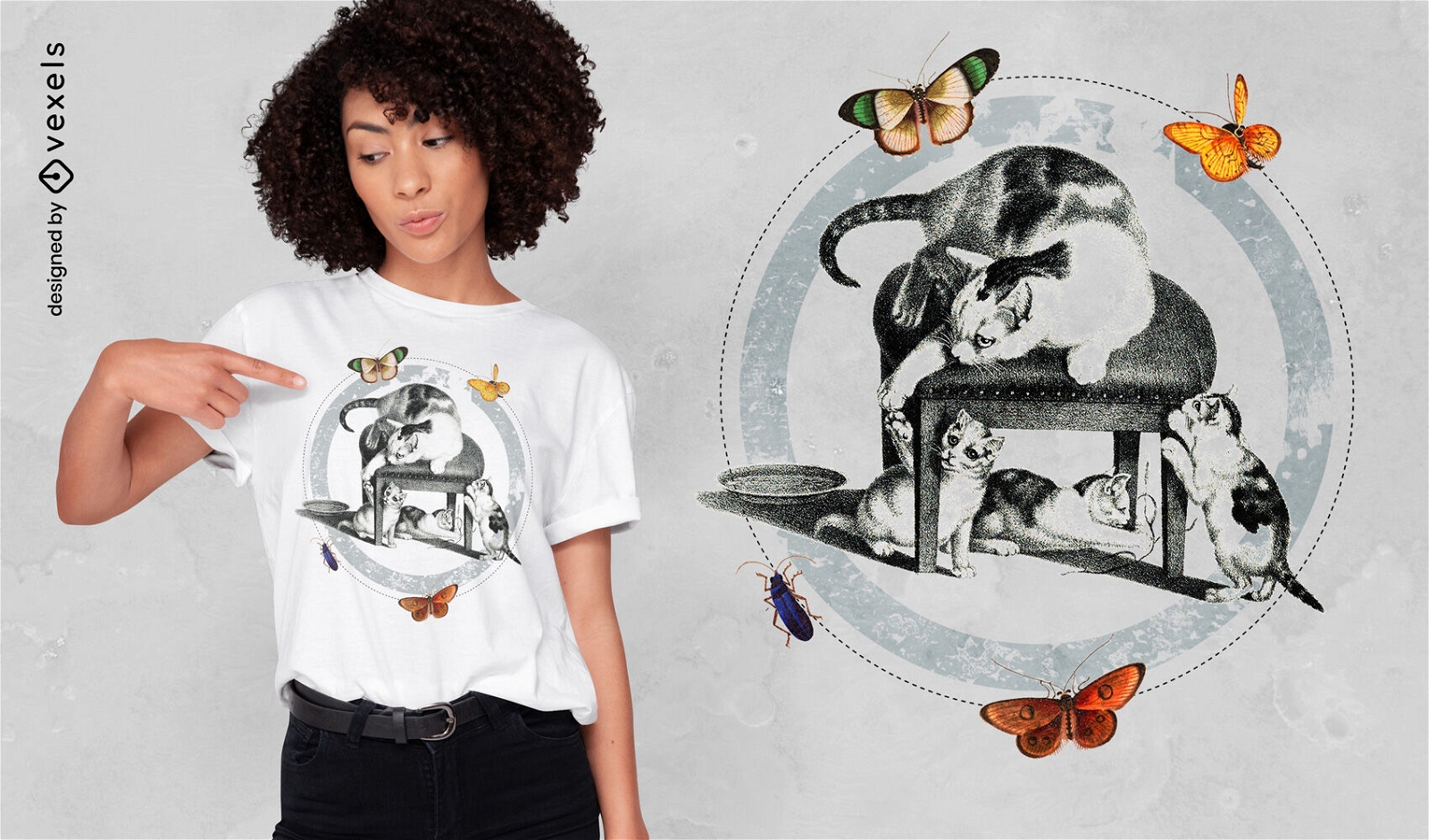 Camiseta de gatos jugando con mariposas psd