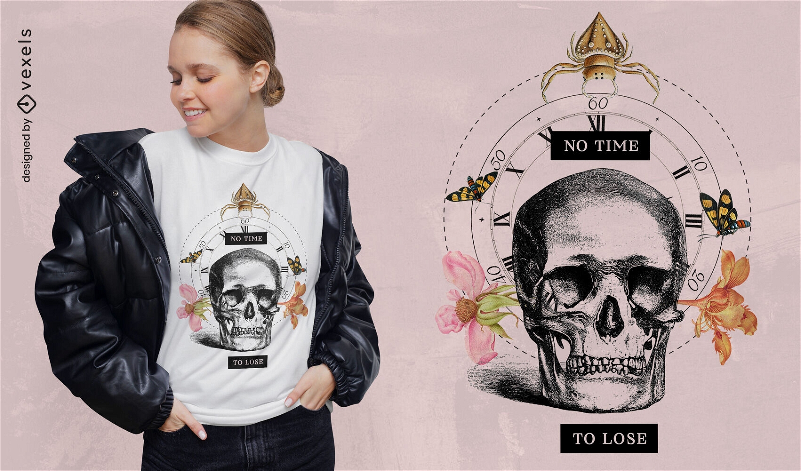Skull with clock and insects t-shirt psd