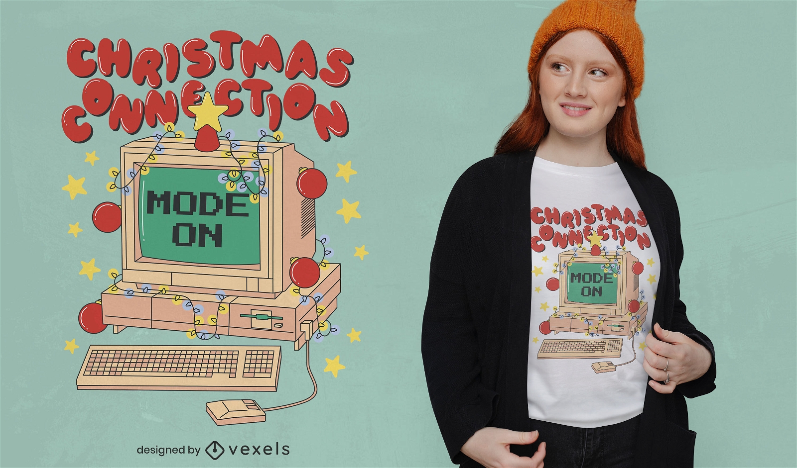 Computador com design de t-shirt com luzes de Natal