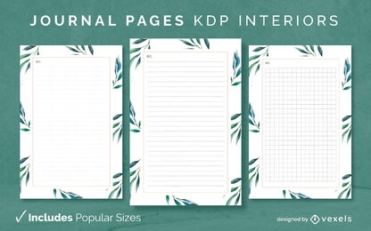Watercolor leaves journal design template KDP