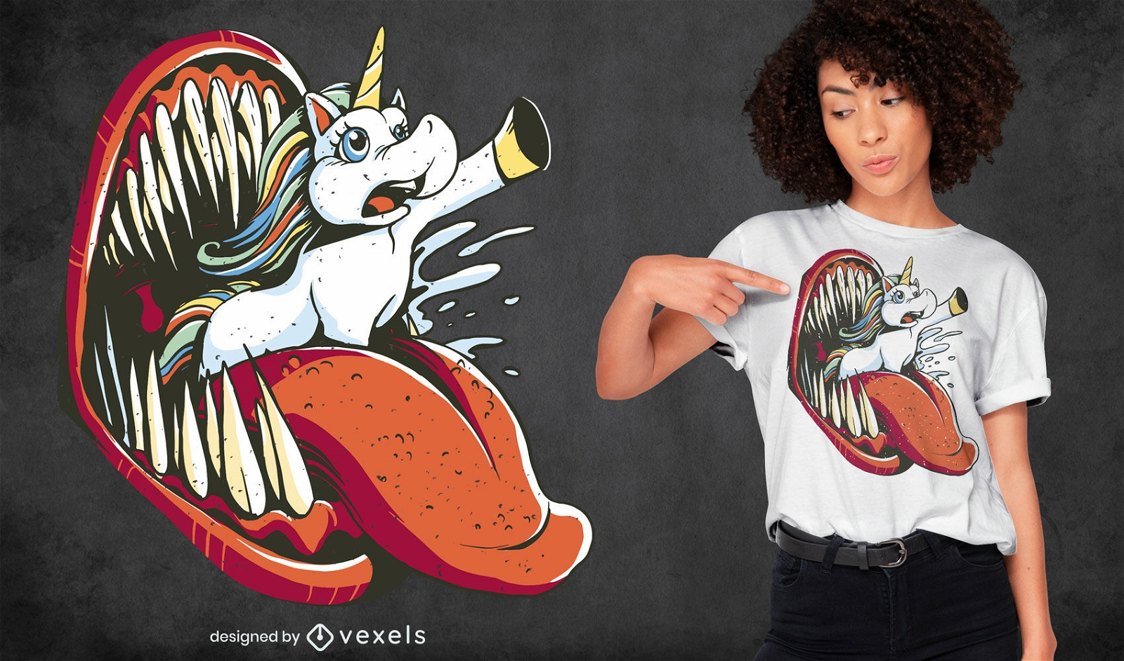 Diseño de camiseta de boca de unicornio y monstruo.